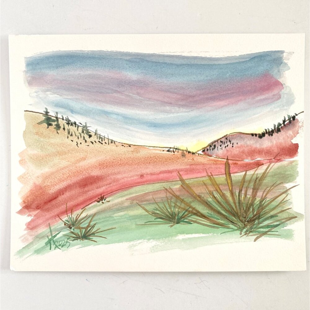Sunset Plains Original Art Landscape Watercolor Painting Matted 11x14in